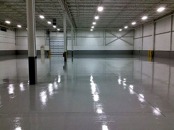 Freshly coated white warehouse floor