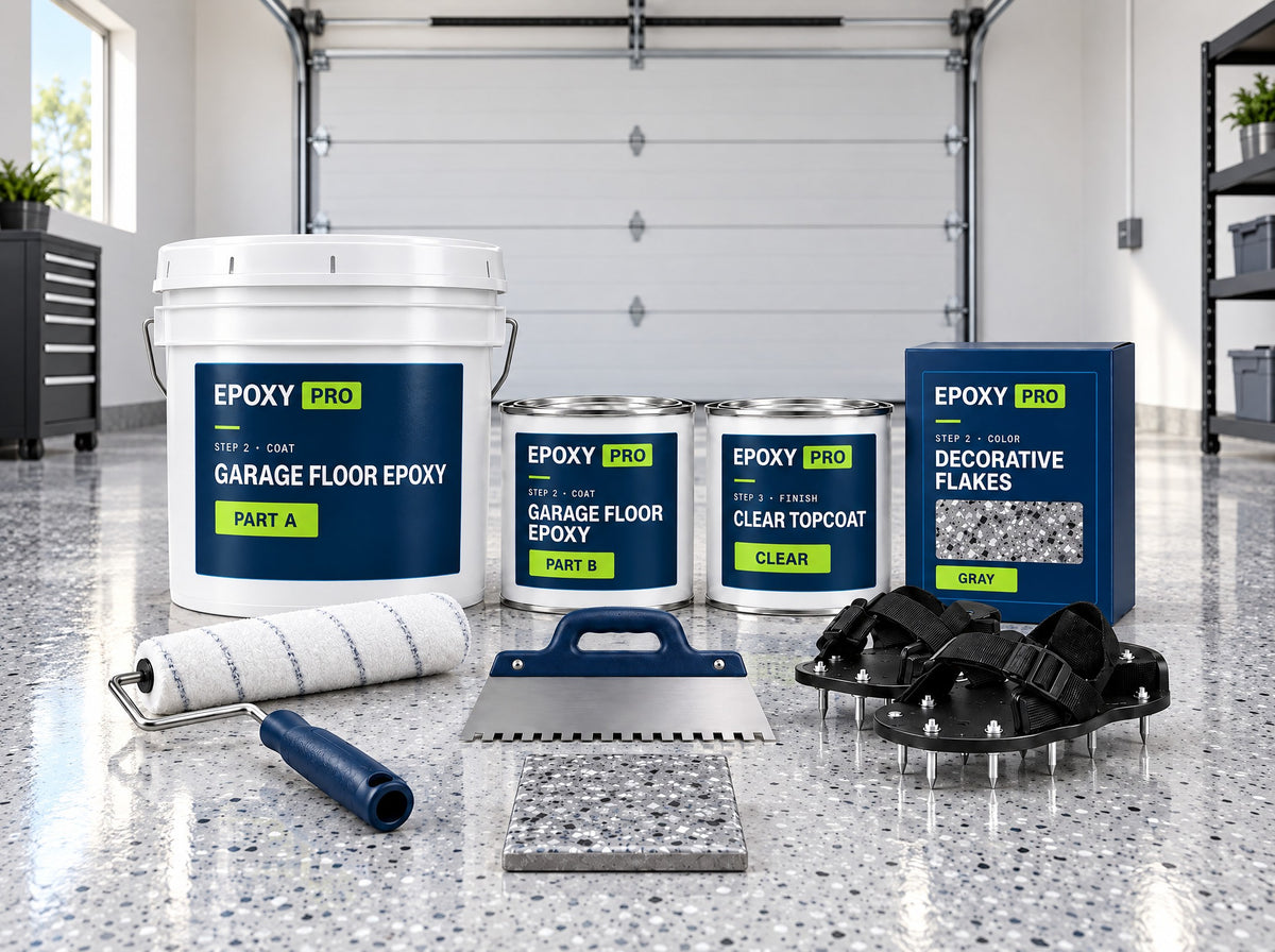 1-car garage floor kit: epoxy, clear topcoat, flake and tools