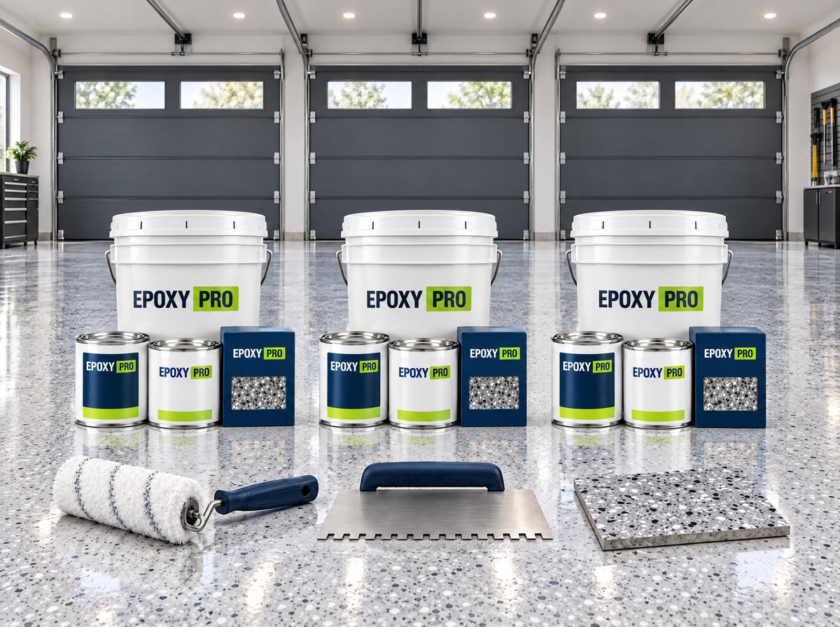 3-car garage floor kit: three sets of epoxy, clear topcoat and flake