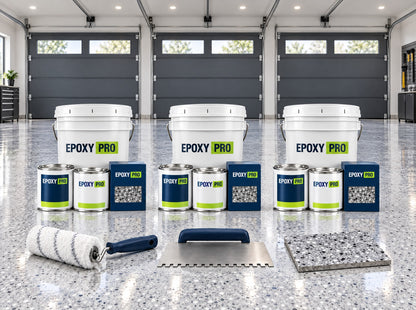 3-car garage floor kit: three sets of epoxy, clear topcoat and flake