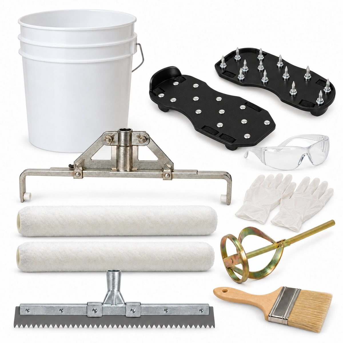 Application Tool Kit contents: roller frame, two roller covers, notched squeegee, mix wand, chip brush, spiked shoes, bucket, gloves and safety glasses