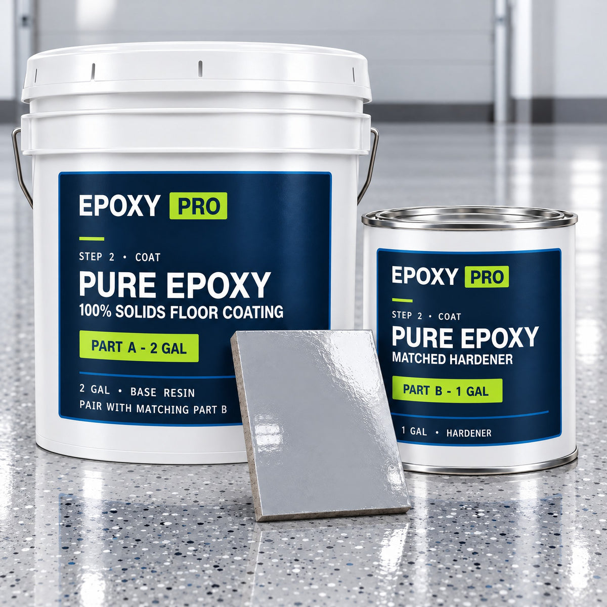 B-707 High Build Epoxy, 100% solids, 2 gallon Part A pail and 1 gallon Part B can with a coated sample tile