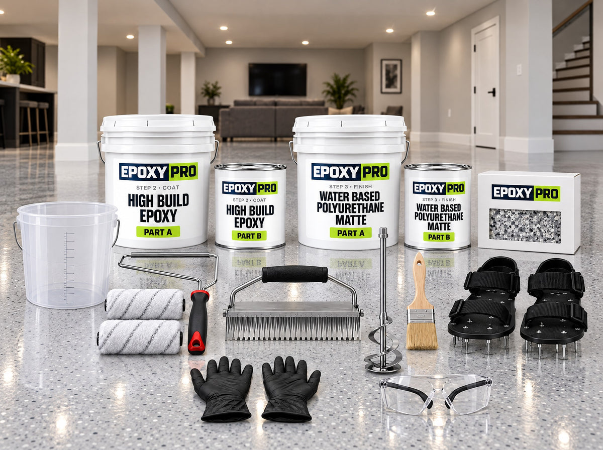 Basement & Indoor Pro System kit: high build epoxy, water-based matte polyurethane topcoat, flake and application tools