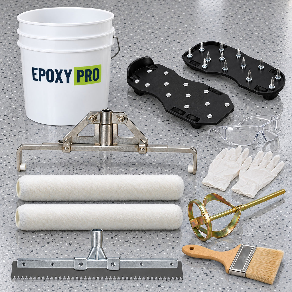 Application Tool Kit contents: roller frame, two roller covers, notched squeegee, mix wand, chip brush, spiked shoes, bucket, gloves and safety glasses