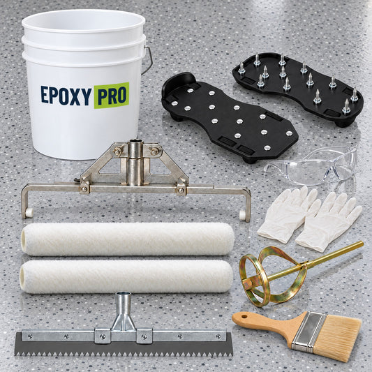 Application Tool Kit contents: roller frame, two roller covers, notched squeegee, mix wand, chip brush, spiked shoes, bucket, gloves and safety glasses