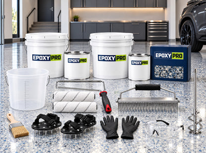 Garage Pro System kit: base coat, clear topcoat, box of flake and application tools