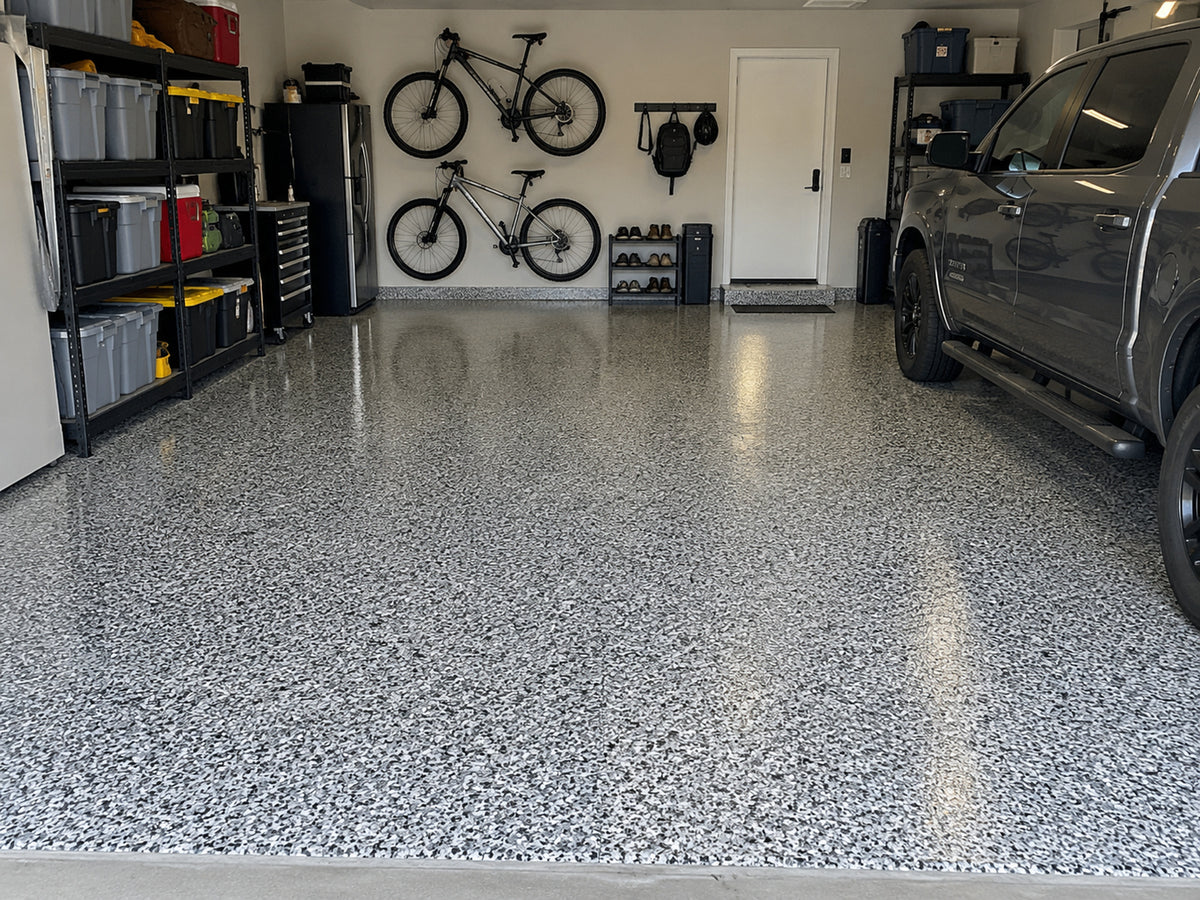 Garage floor with full flake finish and clear topcoat