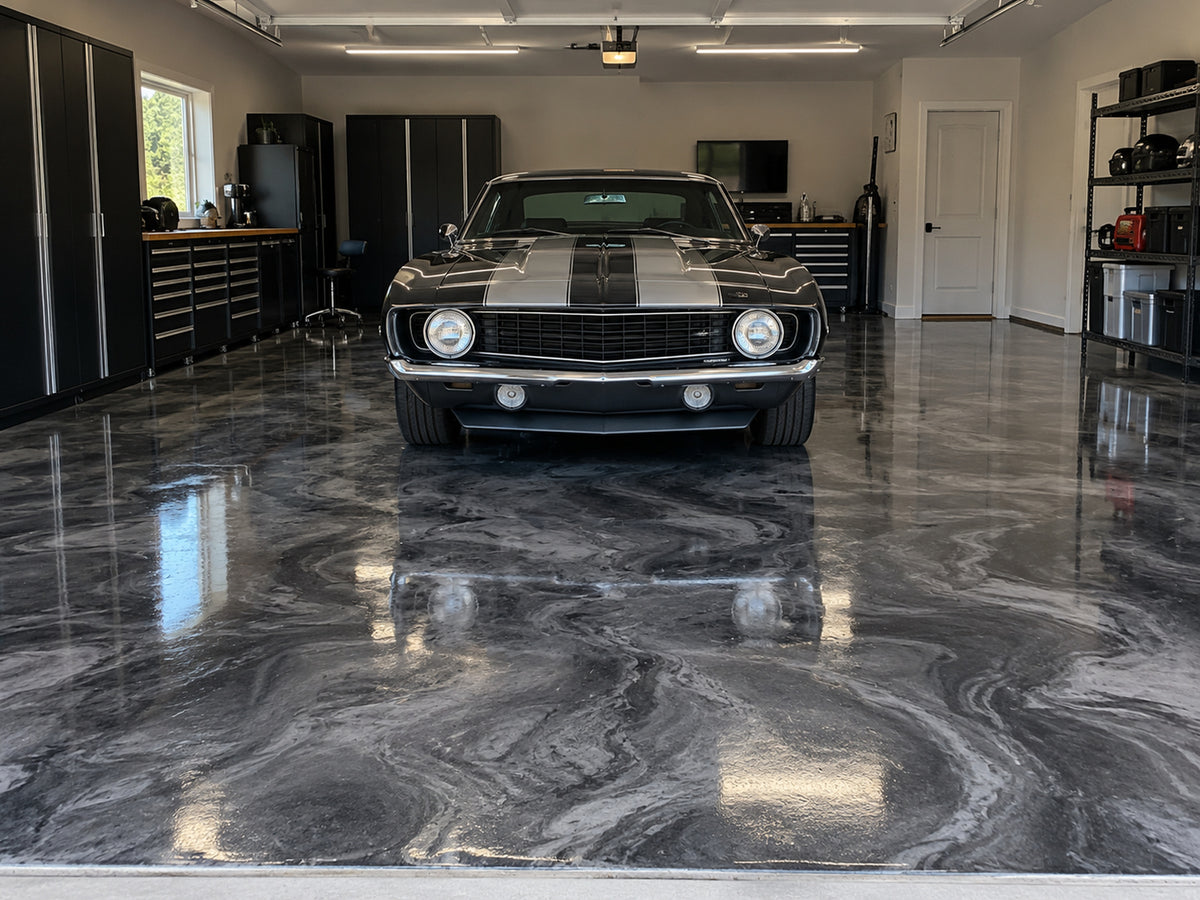 Garage floor with metallic finish
